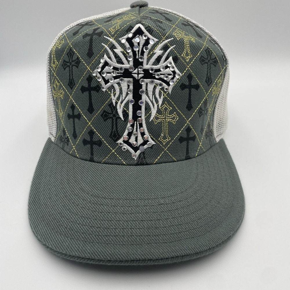 Black White Cross Rhinestones Embroidery Adult Gray‎ Snapback Trucker Hat Cap